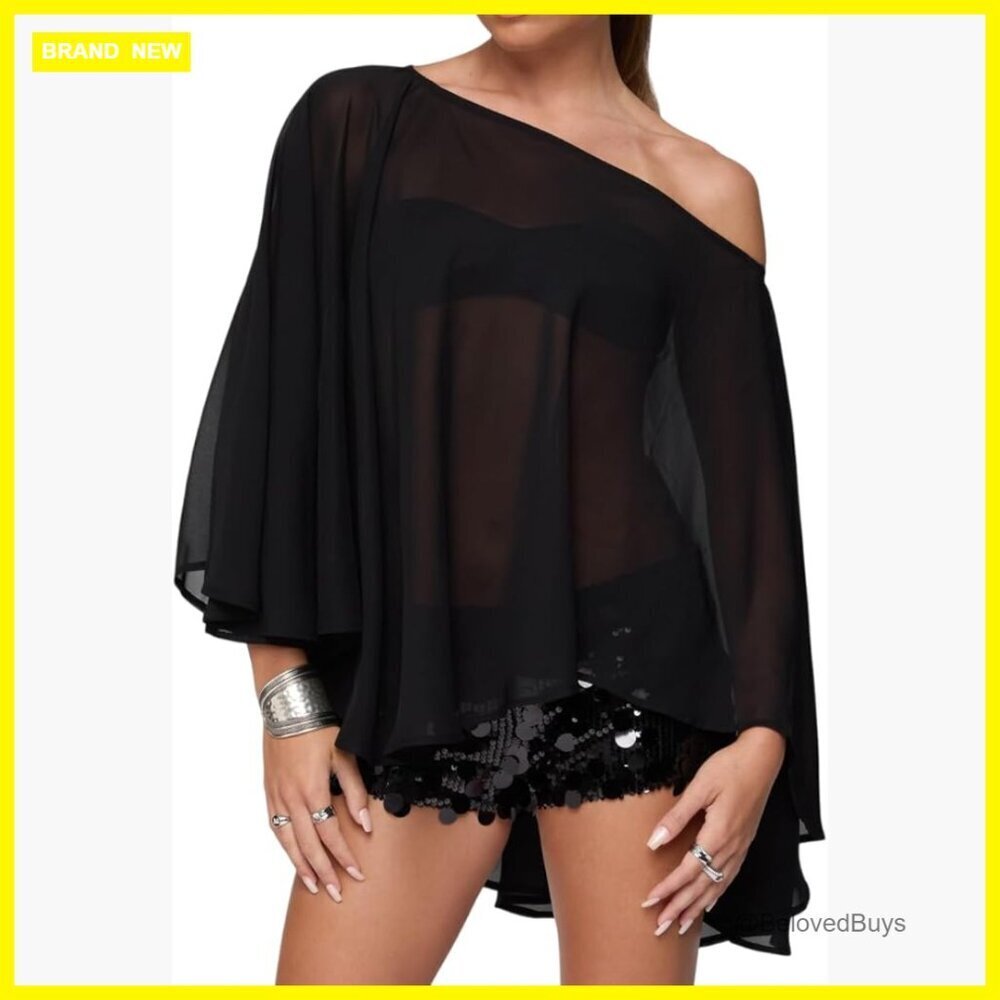 Sheer Mesh Poncho Top Off Shoulder Beach Cover Up Lightweight Shawl
